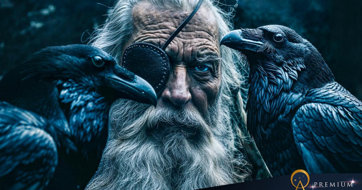 Odin with his two ravens, Huginn and Munninn.