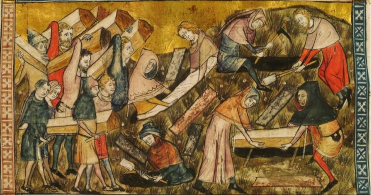 Painting by Pierart dou Tielt (1353) showing family members of plague victims burying the coffins of their loved ones, including their children.