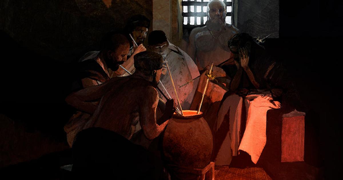 Recreation of the oldest drinking straws, found at the Maikop burial, in use. Source: Kevin Wilson / Antiquity Publications Ltd