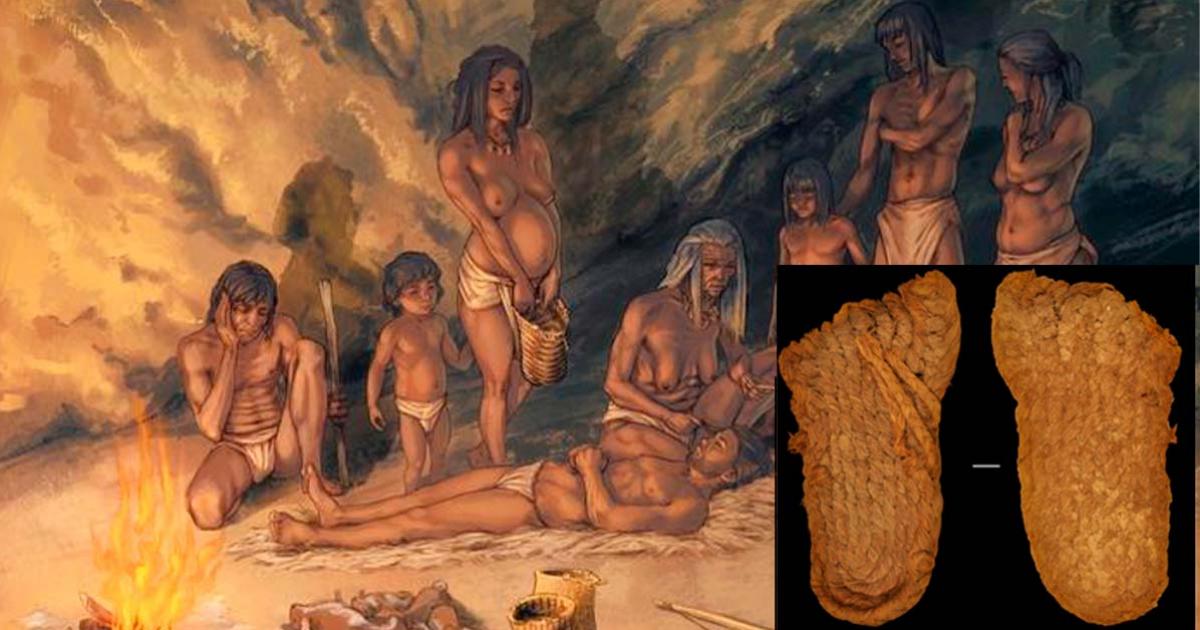 Artistic recreation of the use of Mesolithic baskets by a group of hunter-gatherers in the Cueva de los Murciélagos de Albuñol. (Moisés Belilty Molinos / CC BY ND) Insert: A pair of sandals discovered in the cave. (Martínez Sevilla, F. et al. / Science Advances)