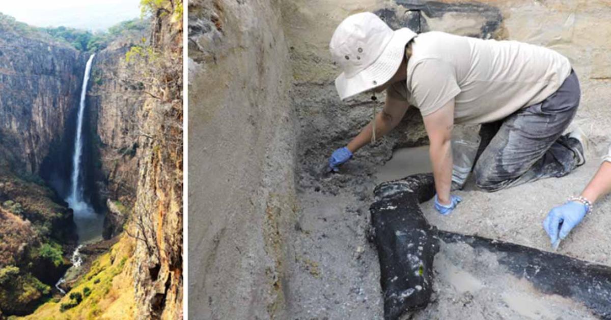 Left; Kalambo Falls, Zambia where the oldest wooden structure was found. Right: the excavation team uncovering the ancient wood.	Source: Left; Professor Geoff Duller/Nature, Right; Professor Larry Barham/Nature
