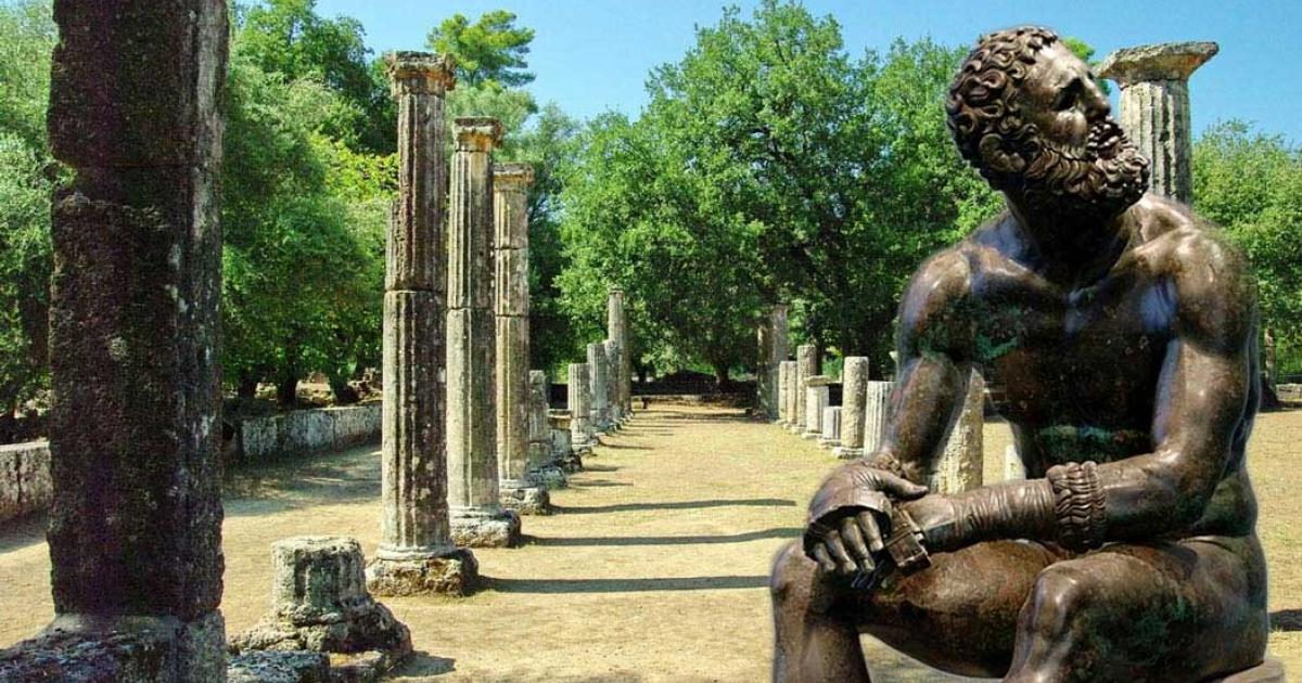 The palaestra of Olympia, a place devoted to the training of wrestlers and other athletes  and Boxer resting after contest (bronze sculpture, BCE 300–200).
