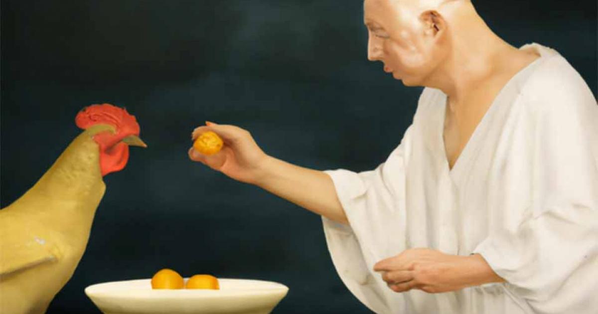Ancient Roman feeding chicken. Source: AI generated. 