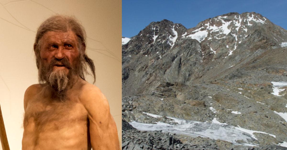Reconstruction of Otzi the Iceman by Alfons & Adrie Kennis. (Thilo Parg/CC BY SA 3.0) View looking down westwards to the Ötzi site. (J.H. Dickson et al)