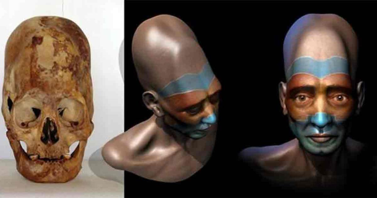 A Paracas elongated skull and an artist’s impression based on a digital reconstruction. Source: Marcia Moore / Ciamar Studio