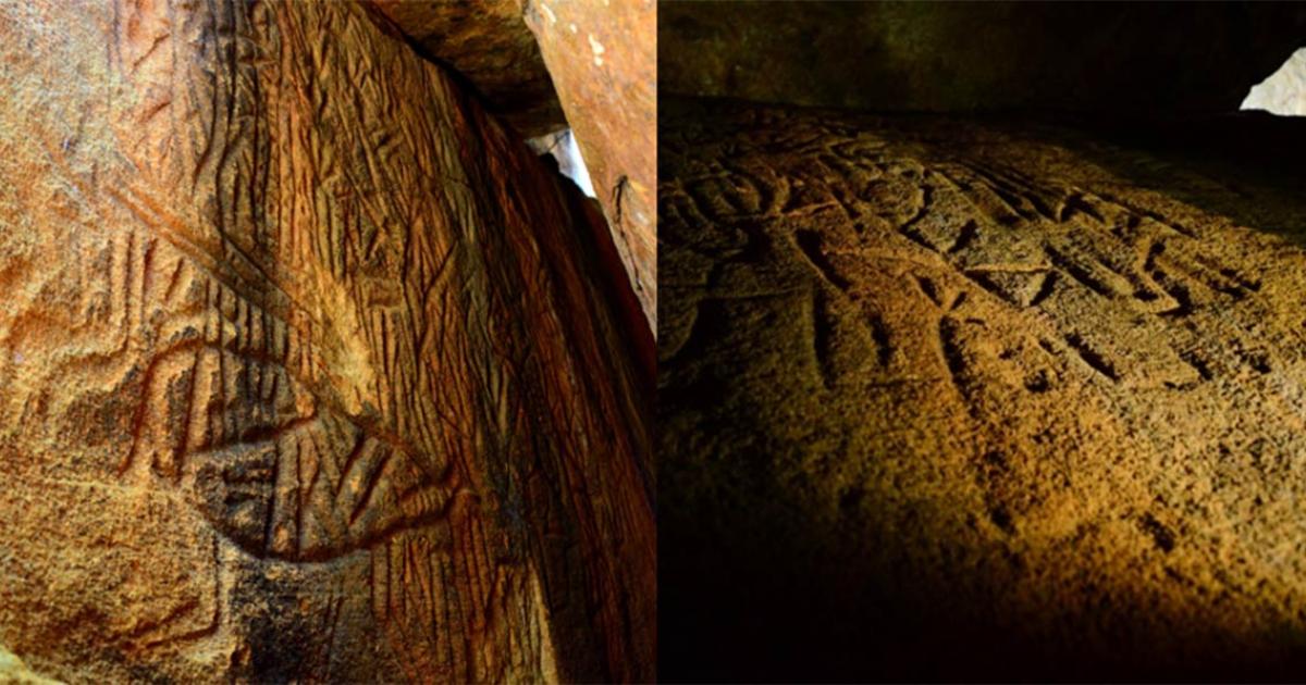 Left; Danigala Chithra Lena, Sri Lanka Petroglyphs - Linear chamber entrance and left wall representing sections of the Petroglyphs, includes anthropomorphic figures, Image © EASL | CCF-Polonnaruwa. Right; Left side wall at the middle of linear chamber representing anthropomorphic figures like human and bind code of mastermind.  Image © EASL | CCF-Polonnaruwa