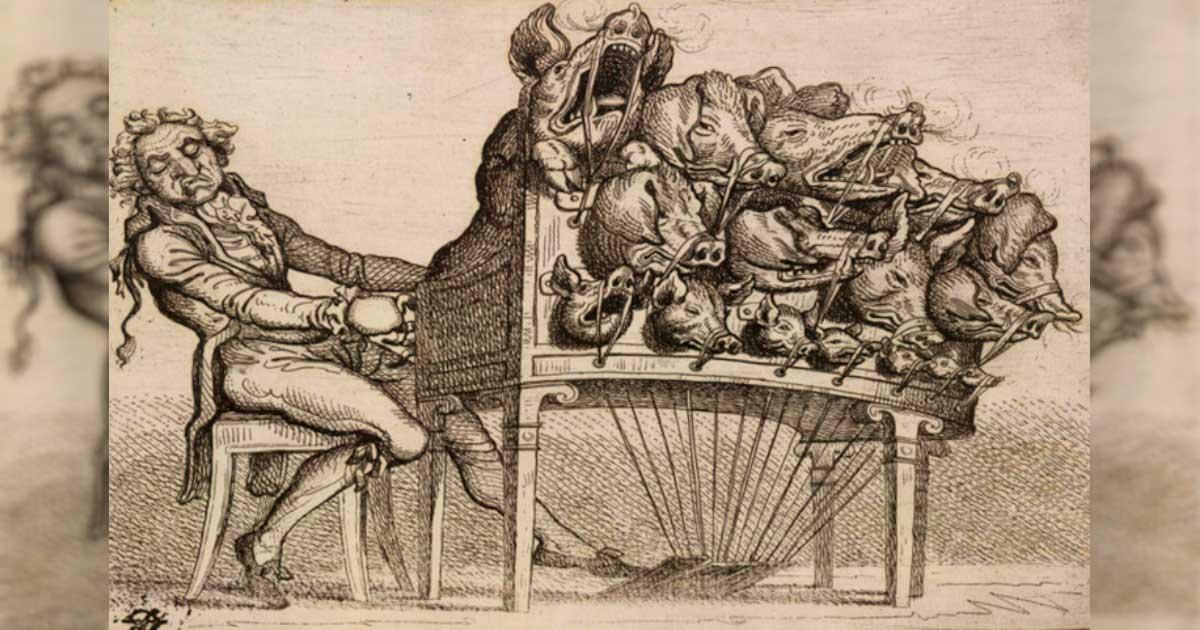 A man playing a fantastic pig organ, or piganino, composed of screaming pigs. Source: British Museum / CC BY-NC-SA 4.0 