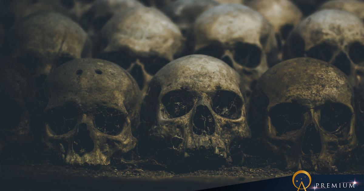 AI image of skulls in a catacomb.