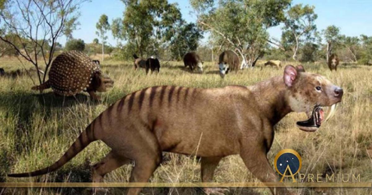 Saber-toothed sparassodont †Thylacosmilus (with †Glyptodon and toxodonts in the background) (Public Domain)