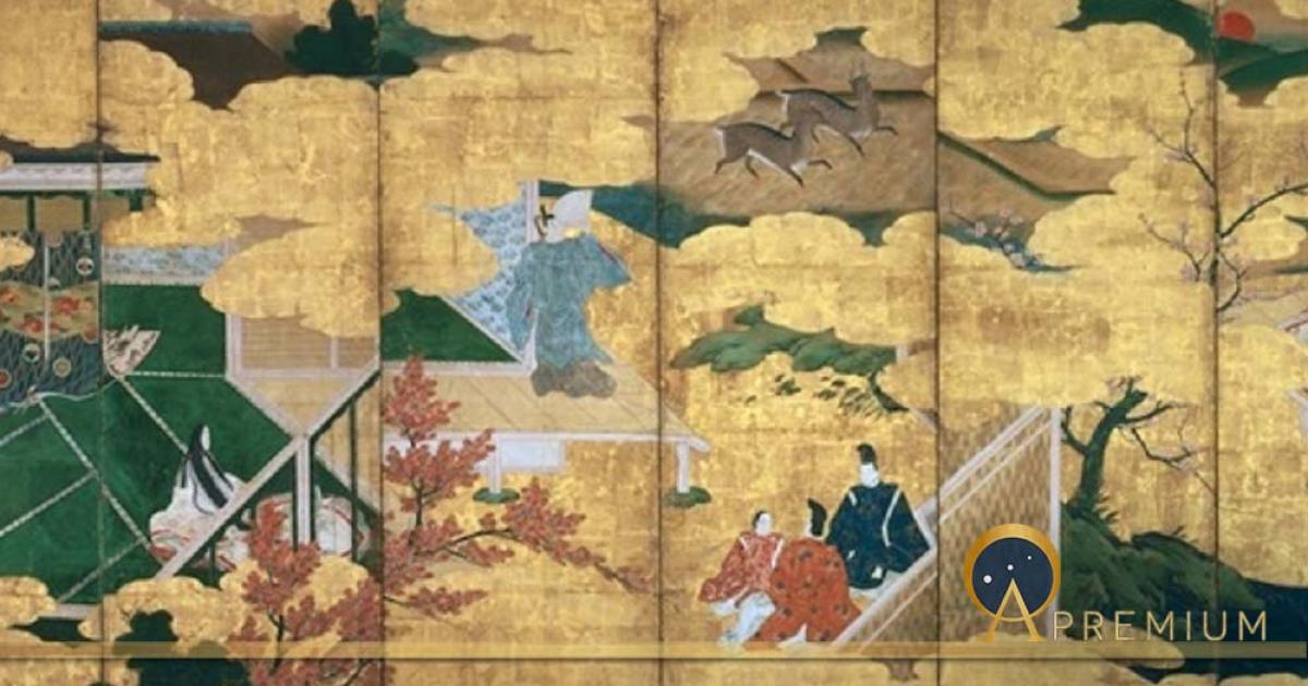 Folding Screen with Design of the Scenes from The Tales of Genji by anonymous painter. Tokyo Fuji Art Museum (Public Domain)