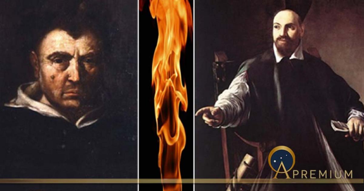 On the left, the heretic Dominican friar Campanello, (Public Domain), strange torches, mysterious melodies and curious perfumes (anarhja ) and on the right, a very worried Pope Urban VIII (Public Domain) (Image Deriv: compiled by Dr. Roberto Volterri)