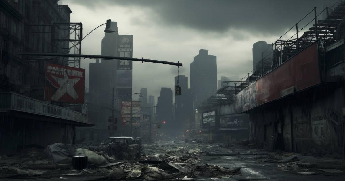 AI image of a future world city, abandoned and destitute and empty of people. 