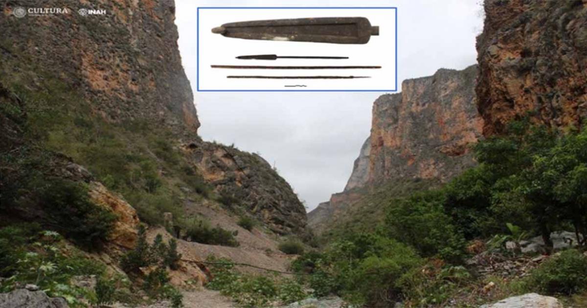 Landscape of Rancho Quemado, where the Treasure Cave is located with, inset, the atlatl and two wooden darts, found in Treasure Cave, Querétaro, Mexico        Source: Jesús E. Medina V./ INAH
