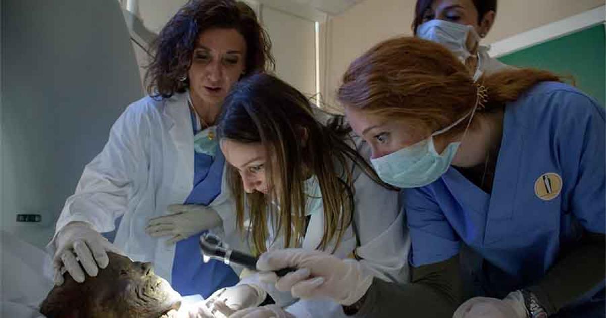 Researchers at the Mummy Project of Milan, Italy around an Egyptian mummy about to enter a CT scan. Earlier this year, Mummy Project researchers began their examination of a famous priest mummy, hoping to learn more about his life, health, and mummification.            Source: Mummy Project