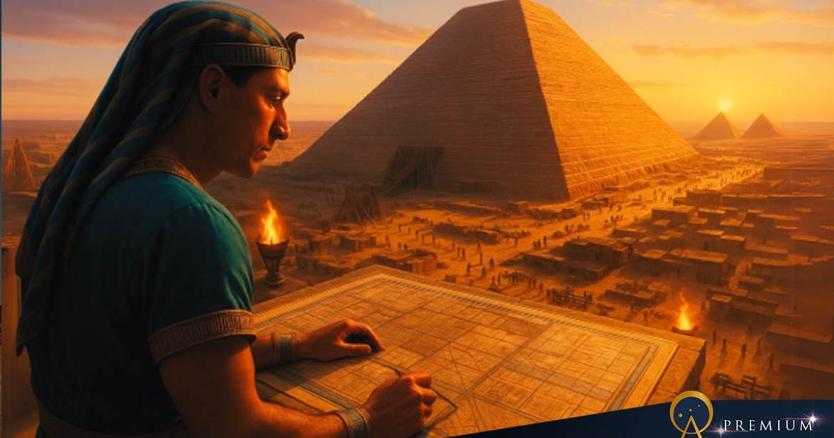 Artistic visualization of a pharaoh supervising pyramid construction.