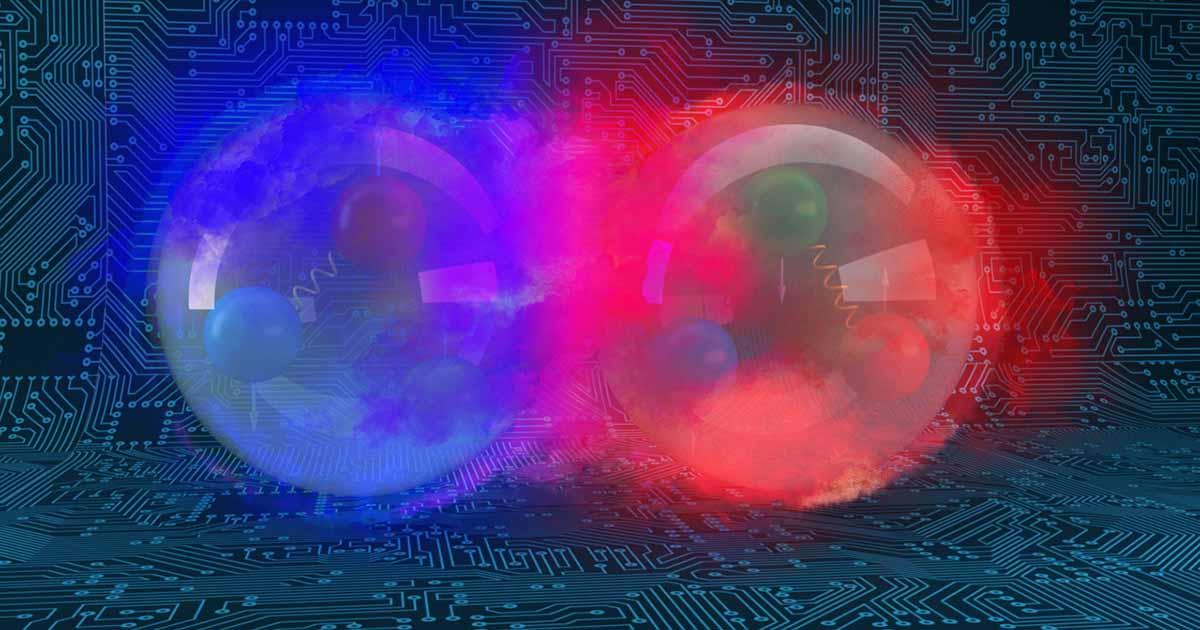 Quantum computer-based simulation of a deuteron - when a neutron (in blue) and a proton (in red) bind together within a nucleus. Source: OLCF / CC BY 2.0