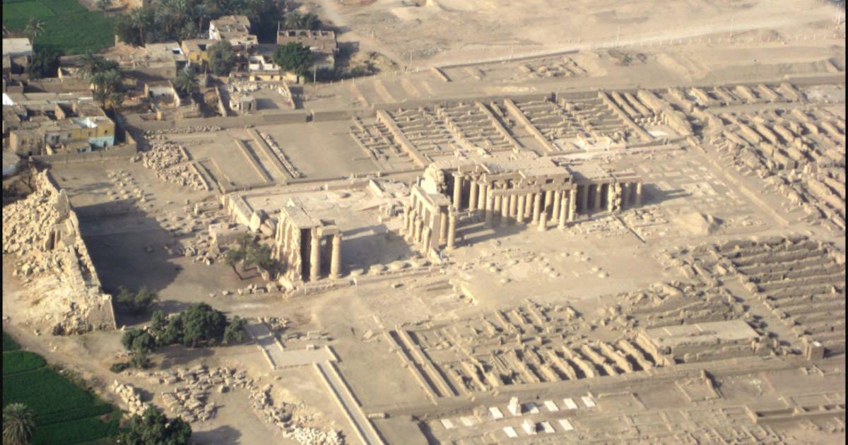 Aerial view of the remains of the Ramesseum, the mortuary temple of Ramesses II.