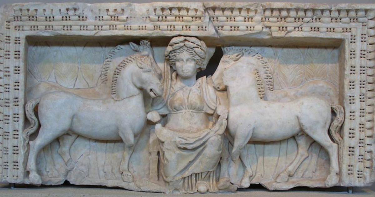 A relief of Epona, flanked by two pairs of horses, from Roman Macedonia, foruth century C.E.