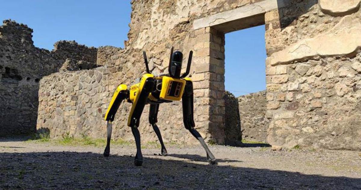Spot the robotic guard dog, built by Boston Dynamics, is now working at the Pompeii Archaeological Park as a security guard dog and also as an engineering inspection dog. 	Source: Pompeii Archaeological Park