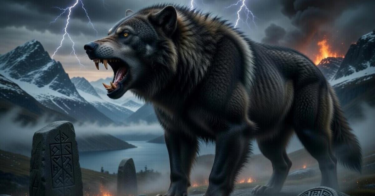 Fenrir, the monstrous wolf of Norse mythology, stands powerfully on a rocky cliff overlooking a misty fjord. With bared fangs and glowing eyes, he lets out a furious roar beneath a stormy sky filled with lightning and volcanic fire in the distance.