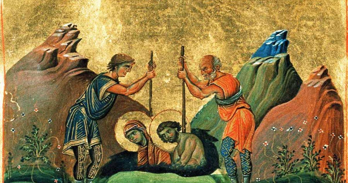 The saints Chrysanthus and Daria being pushed underground to their horrible death in a salt mine.		Source: Public domain