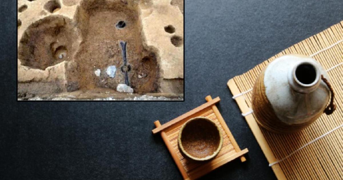 Main: Traditional Japanese Sake. Credit: kathayut / Adobe Stock Inset: Remains of a sake brewery dating from the Muromachi period in Kyoto            Source: Kokusai Bunkazai Co.