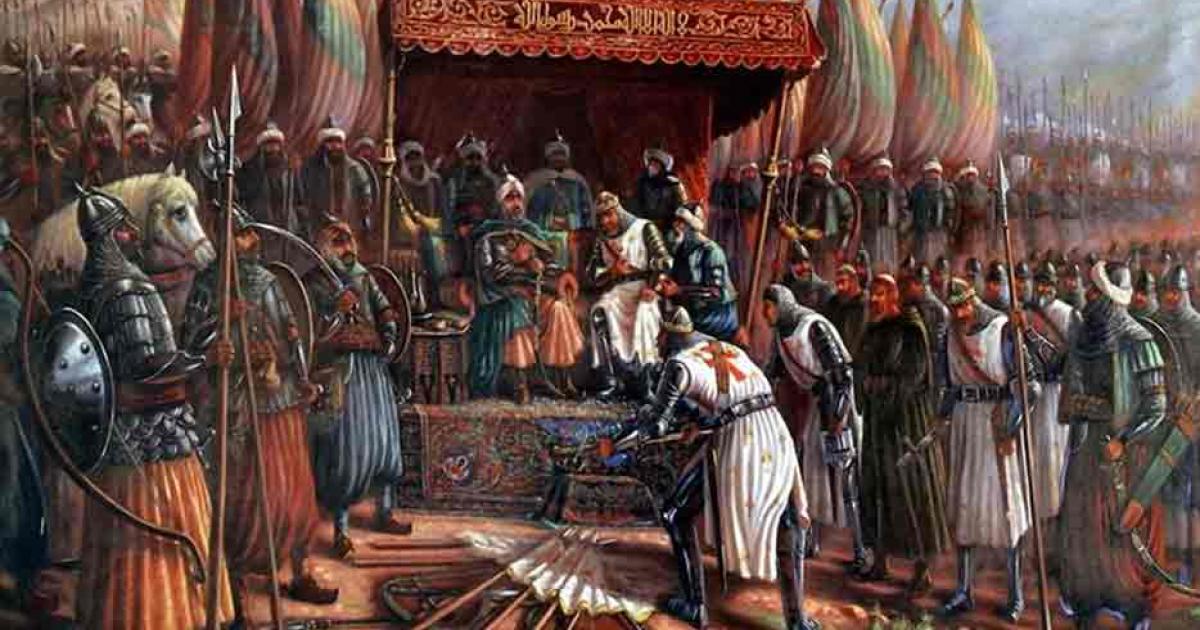 Saladin and Guy de Lusignan after battle of Hattin in 1187. Source: Public Domain