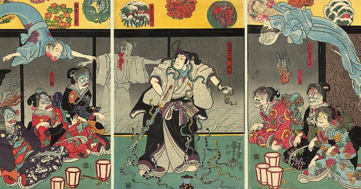The print depicts a samurai fighting snakes, which are conjured by a ghost as the ghosts of Heian court ladies watch. Japan, 1850. 