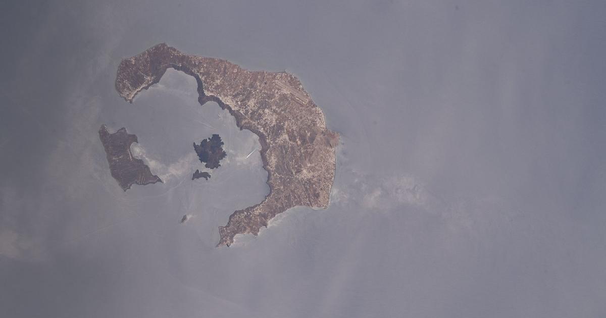 The ring-shaped islands of Santorini around its flooded volcanic caldera, photographed from the International Space Station