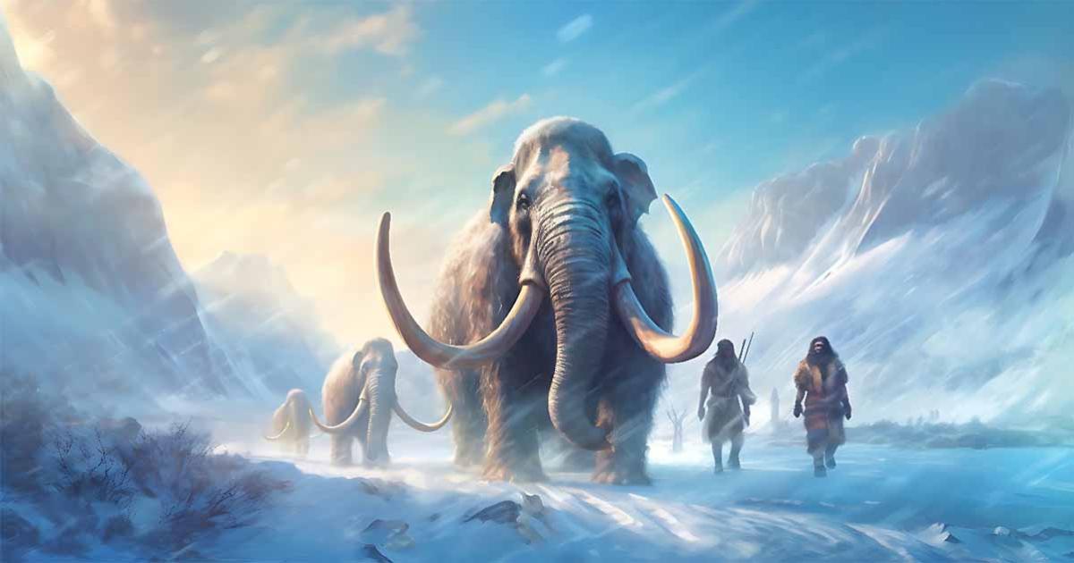 AI representation of Beringia migration with mammoths and humans.            Source: Skrotaa/Adobe Stock