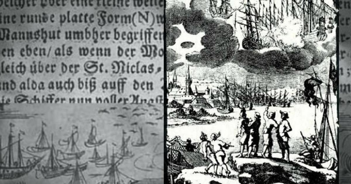 A 1680 engraving accompanying a description by Erasmus Francisci of a battle between ships in the sky said to take place in 1665. 