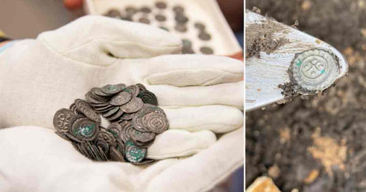 A handful of the medieval coin hoard found in Visingsö, Sweden	Source: Jönköping County Museum