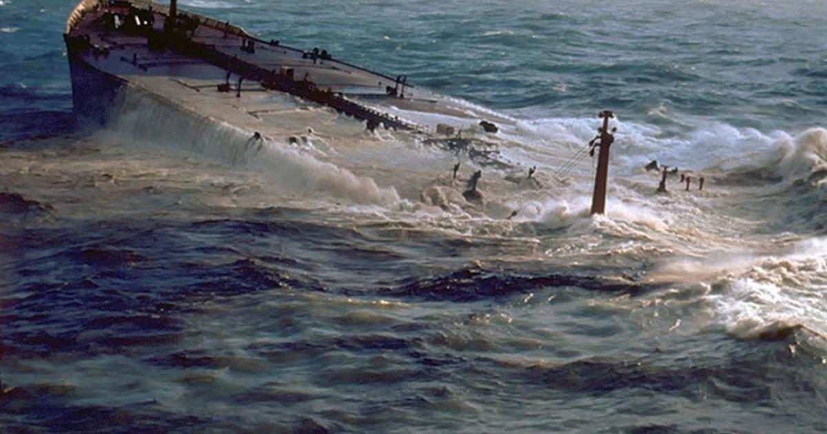 An example of a sinking tanker. AMOCO CADIZ grounding and oil spill, Brittany, France. 