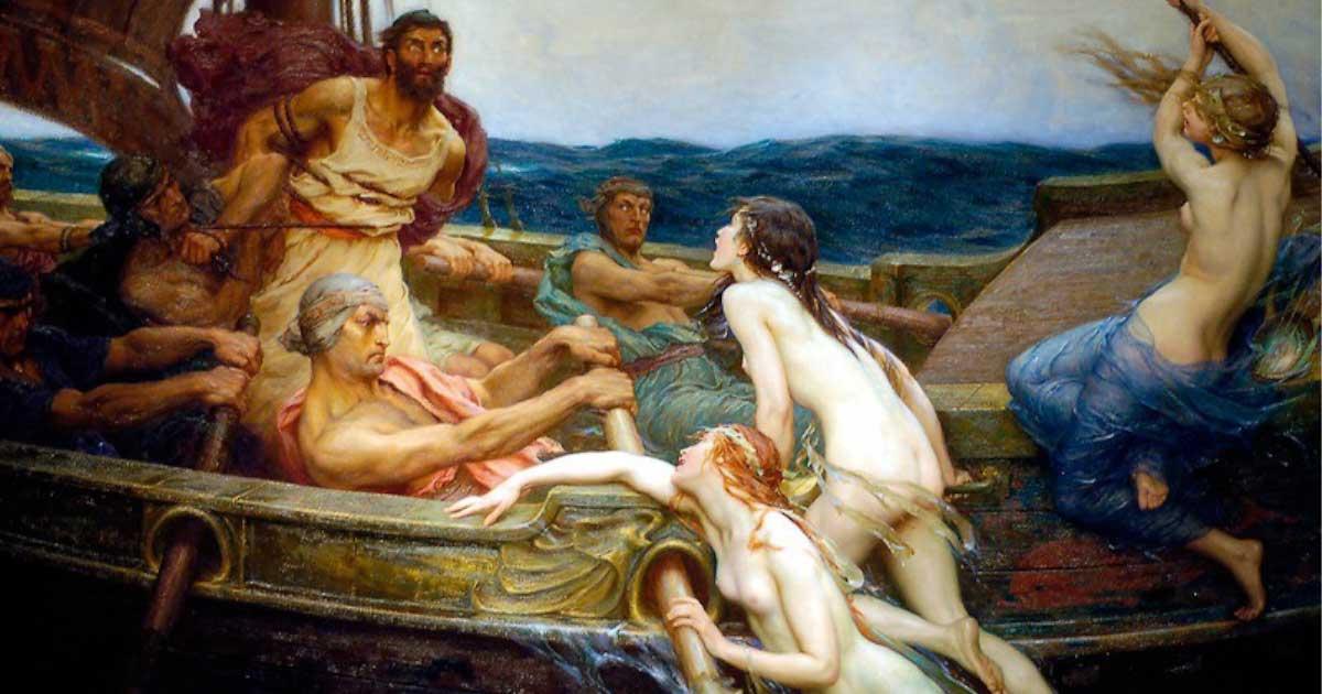 Ulysses (Odysseus) and the Sirens of Greek mythology in a painting dating to circa 1909 by Herbert James Draper. Source: Public domain