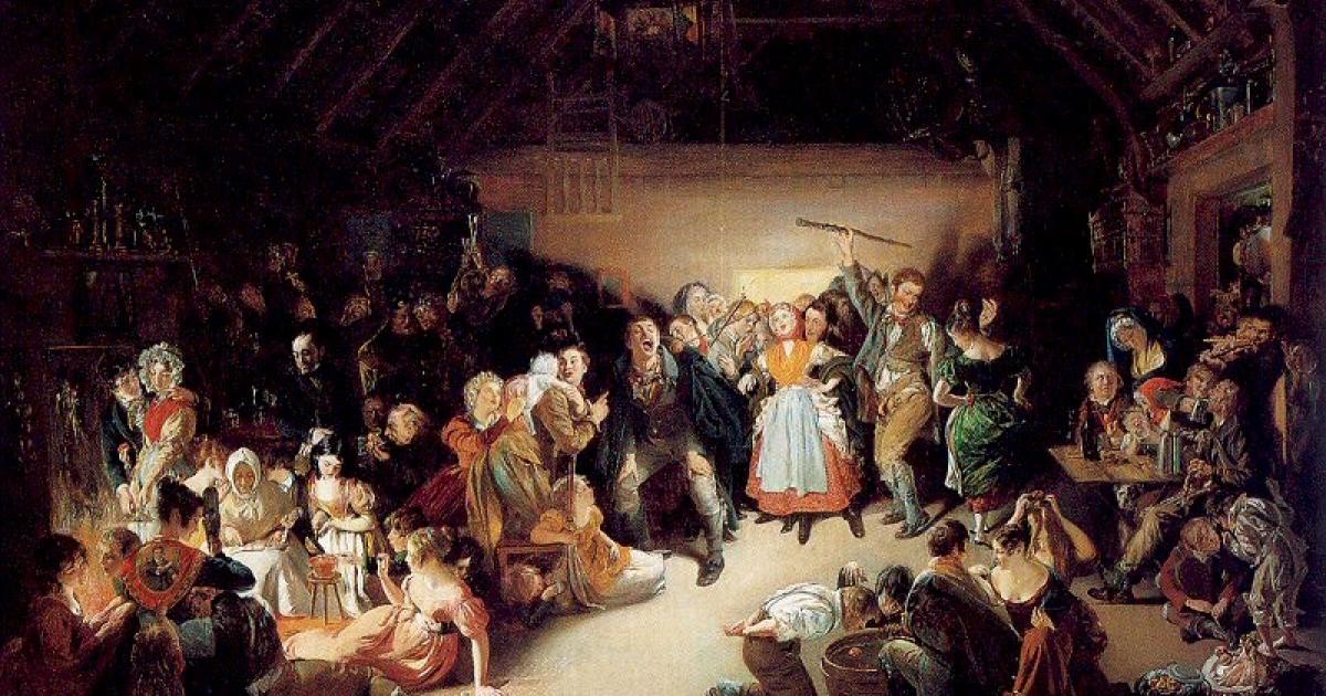 Painting of a crowded nineteenth century Irish Halloween party in a barn, with young people bobbing for apples and dancing while older guests watch