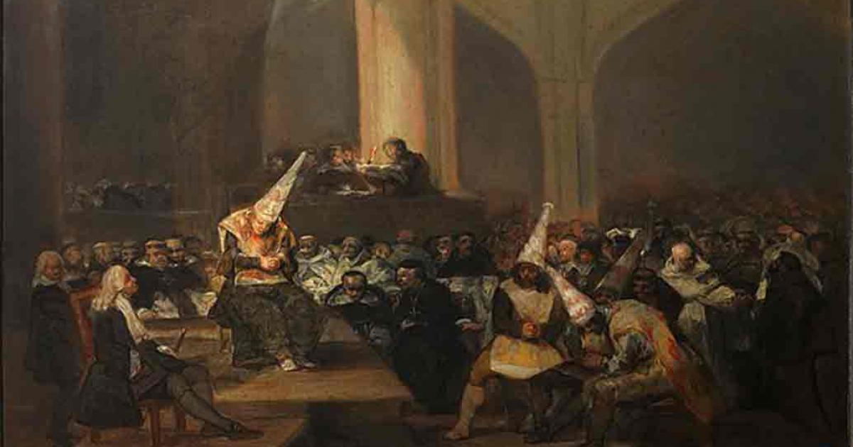 Painting by Francisco Goya depicting an auto de fé, an act of public penance carried out between the 15th and 19th centuries of condemned heretics and apostates imposed by the Inquisition, based on first-hand accounts. Source: Public Domain