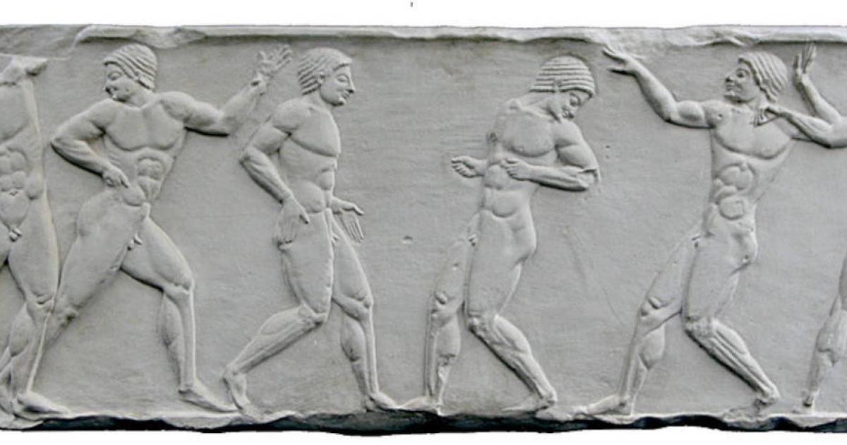  An ancient Greek relief from approximately 500 BC, with two teams at a ball game. The player on the left edge of the picture throws the ball, the team on the right is ready to defend. 