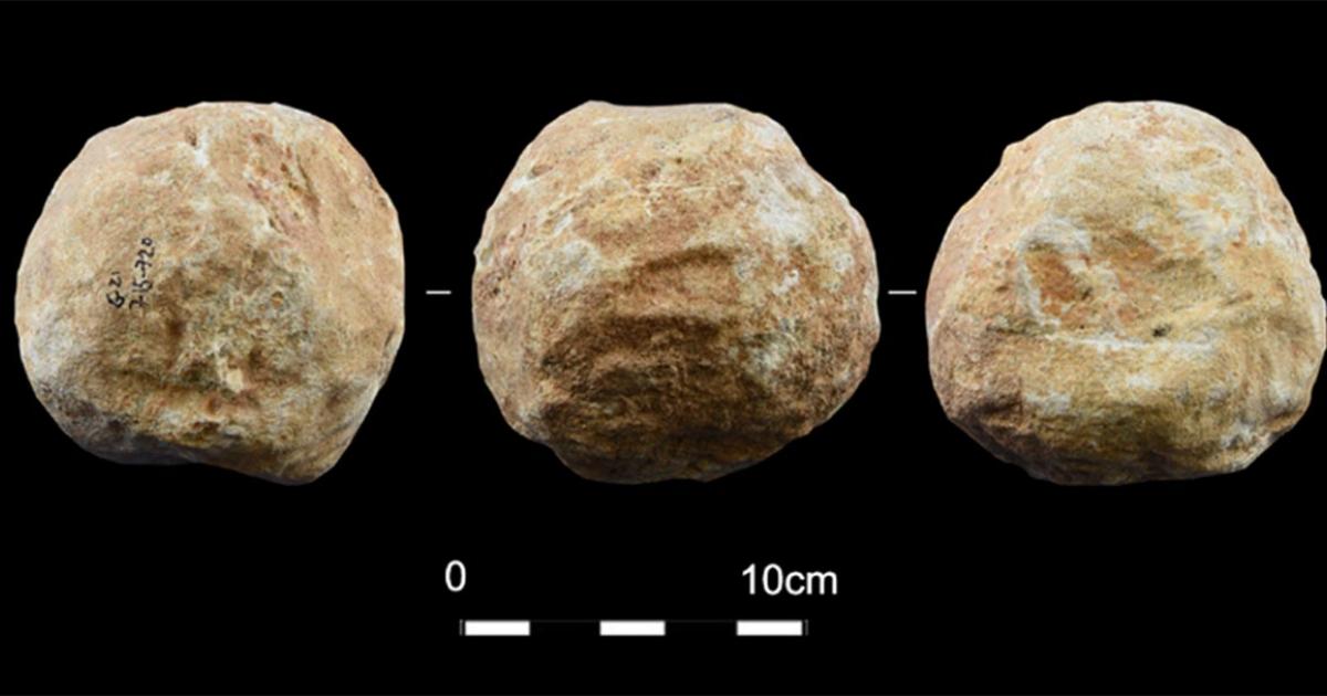 Stone balls, aka petrospheres were found at Qesem cave, Israel.        Source: Assaf et al 2020