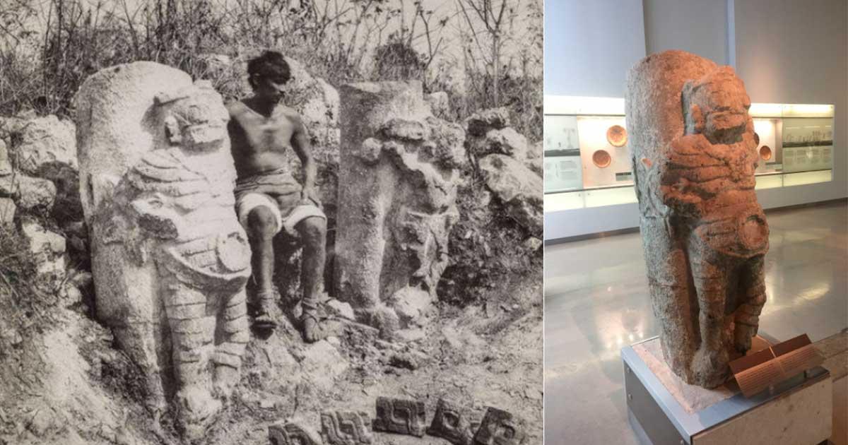 Historic photo of the Stone figures found in Oxkintok, plus photo of one stone figure, now in Natural History Museum in Merida. Source: Author provided