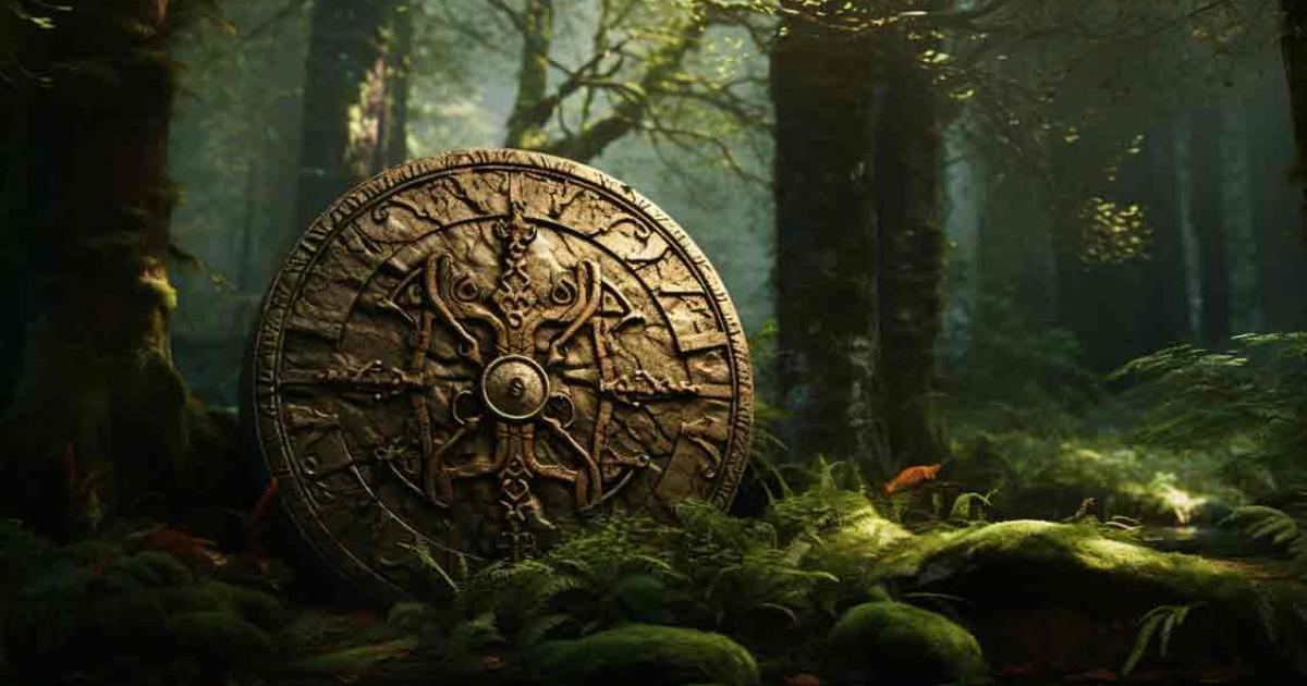AI Representation of the legendary shield Svalinn in a forest. 	Source: Misha/Adobe Stock