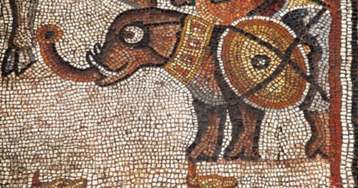 Elephant Mosaic, Huqoq, Galilee region, Israel, featuring an elephant alongside other soldiers and war animals, as well as an elder holding a scroll surrounded by young men with sheathed swords.