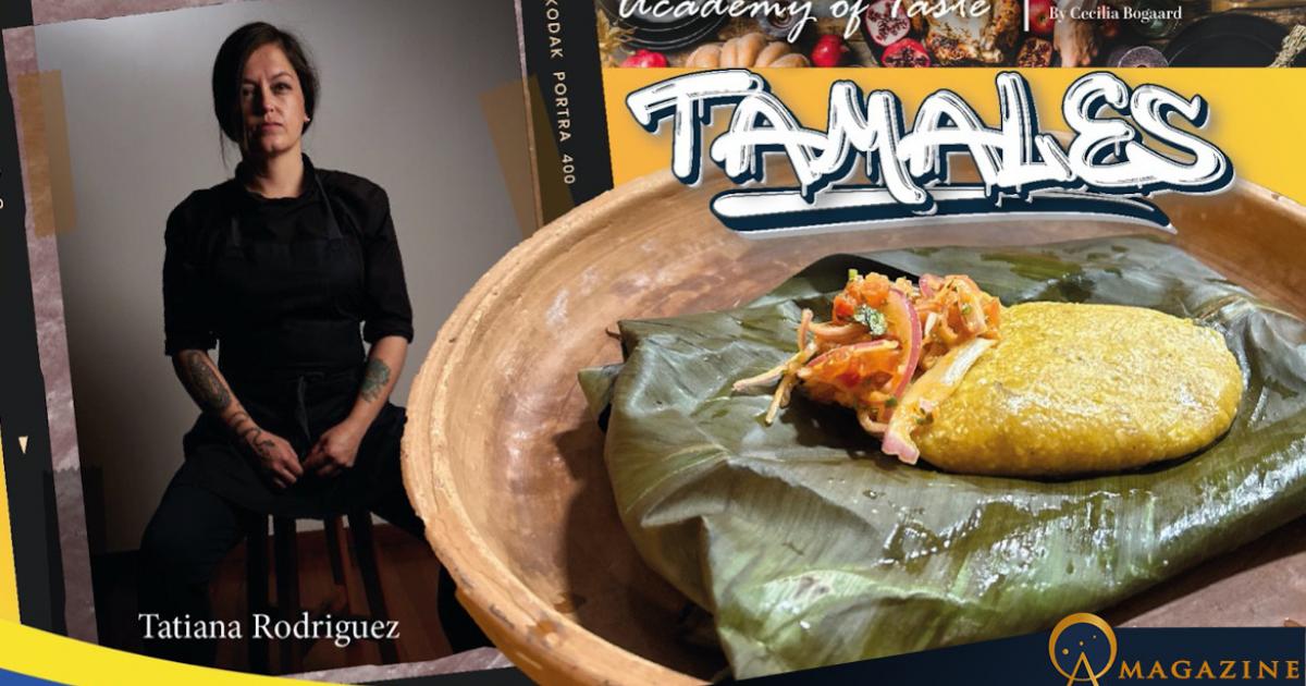 Composite image showing Tatiana Rodríguez from La Chichería in Cuenca, Ecuador, and images from her recipe for Tamales taken by Cecilia Bogaard.