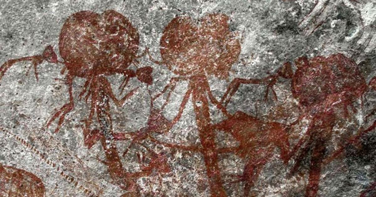 A trio of anthropomorphic figures from the Tanzanian cave art at the Amakhee 4 site. 