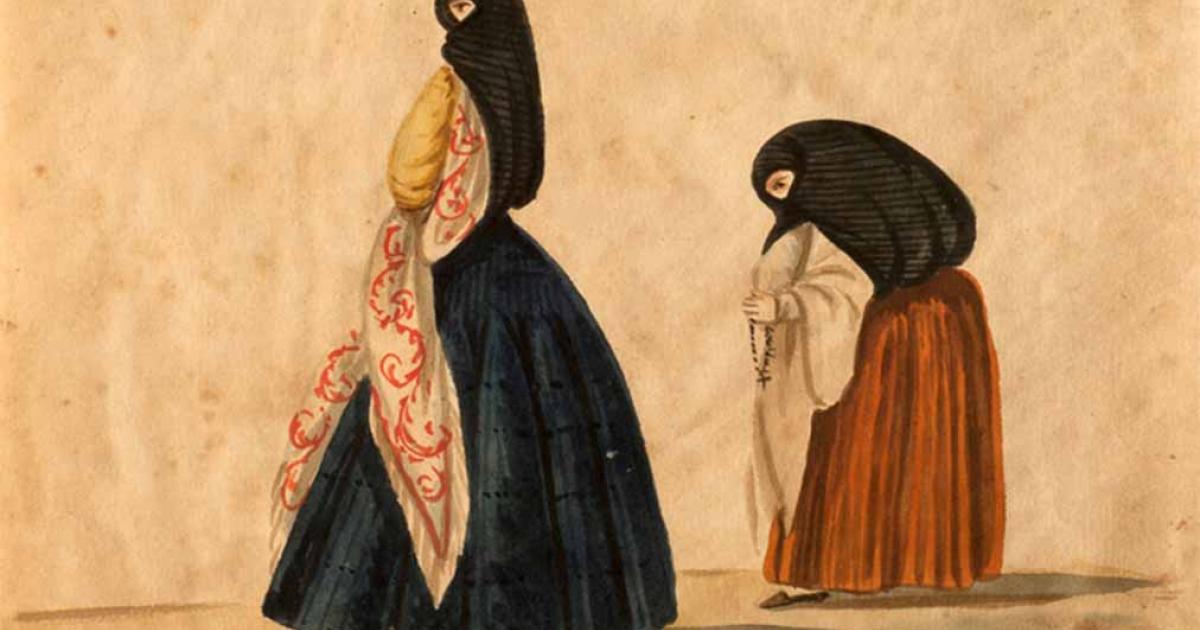 Lady and duenna, wearing their tapada limeña, going to church, by Pancho Fierro. Source: Public domain