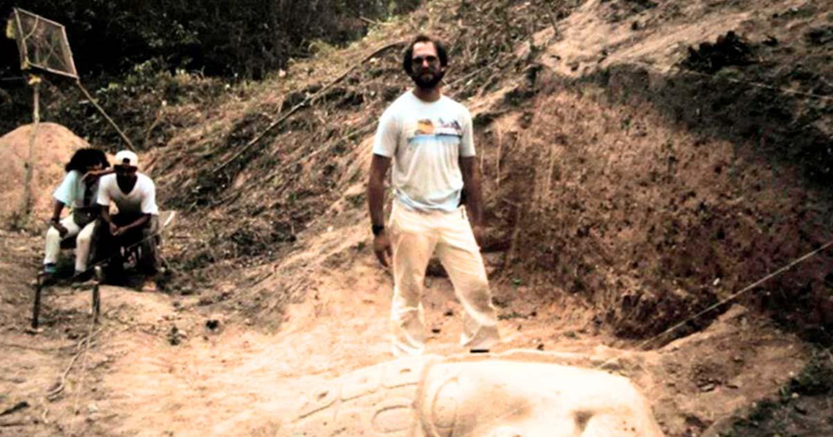 Jay Silverstein with an Olmec head he helped discover in Mexico in 1994. 	Source: Jay Silverstein, Author provided