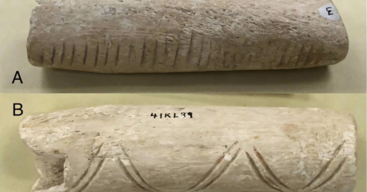 Left human humerus fashioned into a rasp. a) playing surface, b) geometric design