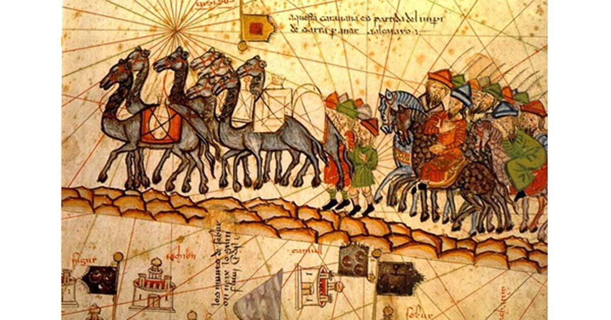 A 14th century depiction of a camel caravan on the Silk Road.
