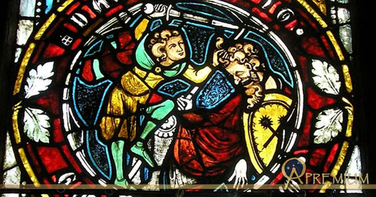David chops off the head of the giant, Goliath. Stained glass window. 