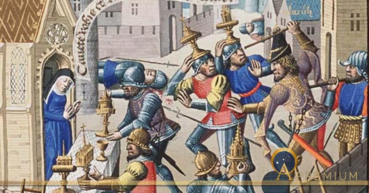 Sack of Rome by Alaric - sacred vessels are brought to a church for safety in Augustine, La Cité de Dieu (circa 1475) (Public Domain)