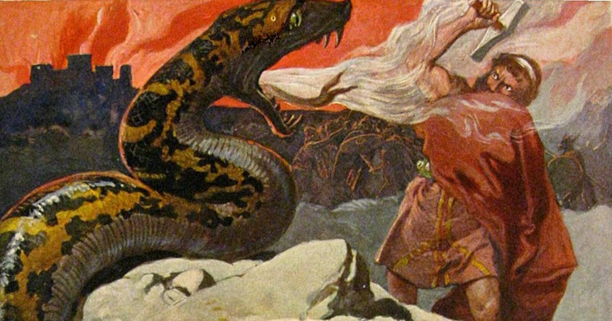 The Norse god Thor battles the Midgard serpent at the end of time, as foretold in Norse mythology (illustration by Emil Doepler from around 1905).